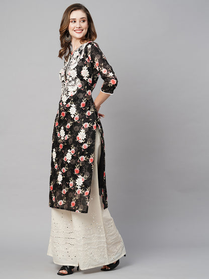 RATAN Women's Cotton Printed Straight Lucknowi Chikankari Ethinic Wear Kurta