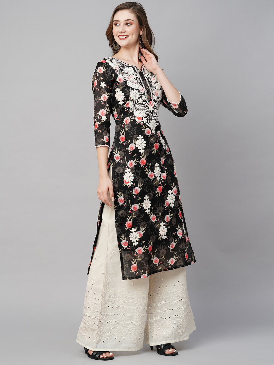 RATAN Women's Cotton Printed Straight Lucknowi Chikankari Ethinic Wear Kurta