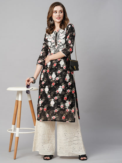 RATAN Women's Cotton Printed Straight Lucknowi Chikankari Ethinic Wear Kurta