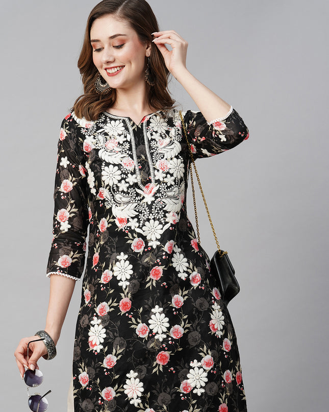 Cotton Printed Straight Lucknowi Chikankari Ethinic Wear Kurta