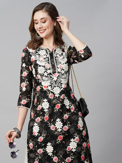 Cotton Printed Straight Lucknowi Chikankari Ethinic Wear Kurta