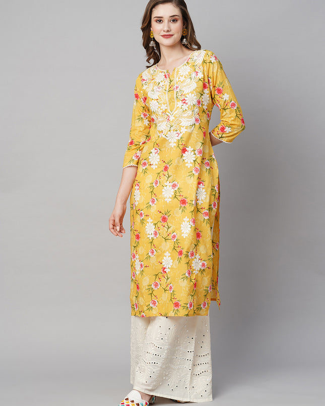Cotton Printed Straight Lucknowi Chikankari Ethinic Wear Kurta