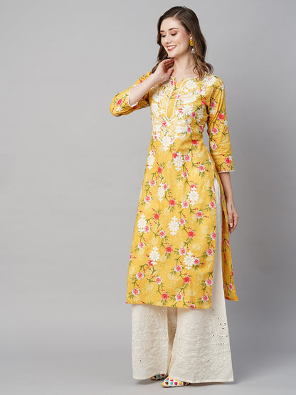 RATAN Women's Cotton Printed Straight Lucknowi Chikankari Ethinic Wear Kurta