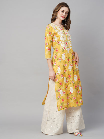 RATAN Women's Cotton Printed Straight Lucknowi Chikankari Ethinic Wear Kurta