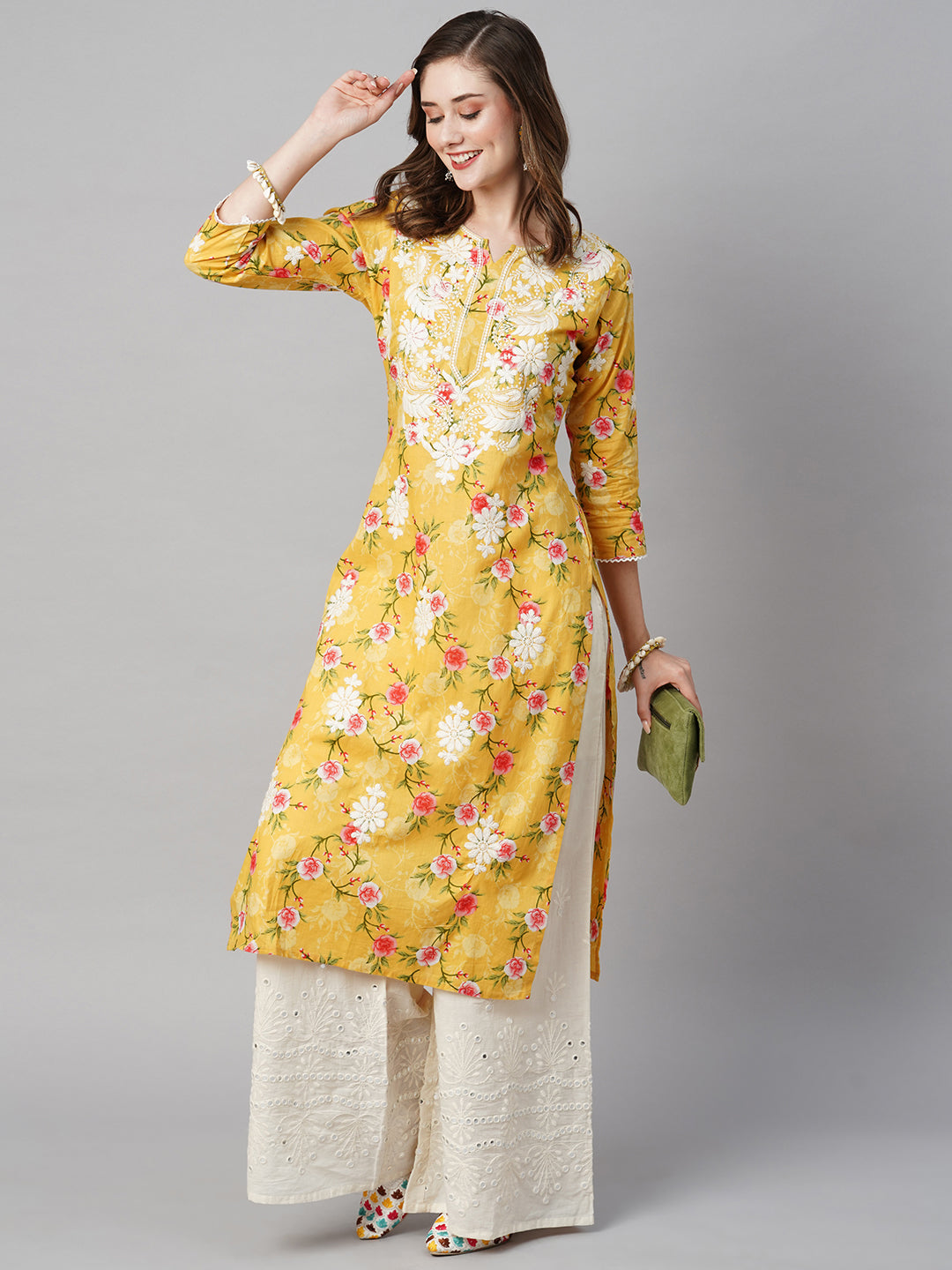 RATAN Women's Cotton Printed Straight Lucknowi Chikankari Ethinic Wear Kurta