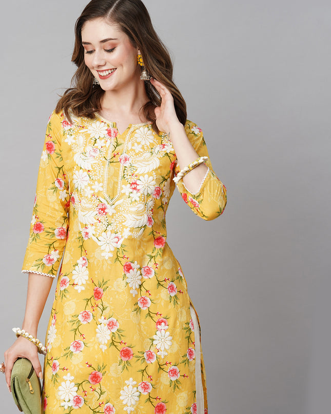 Cotton Printed Straight Lucknowi Chikankari Ethinic Wear Kurta