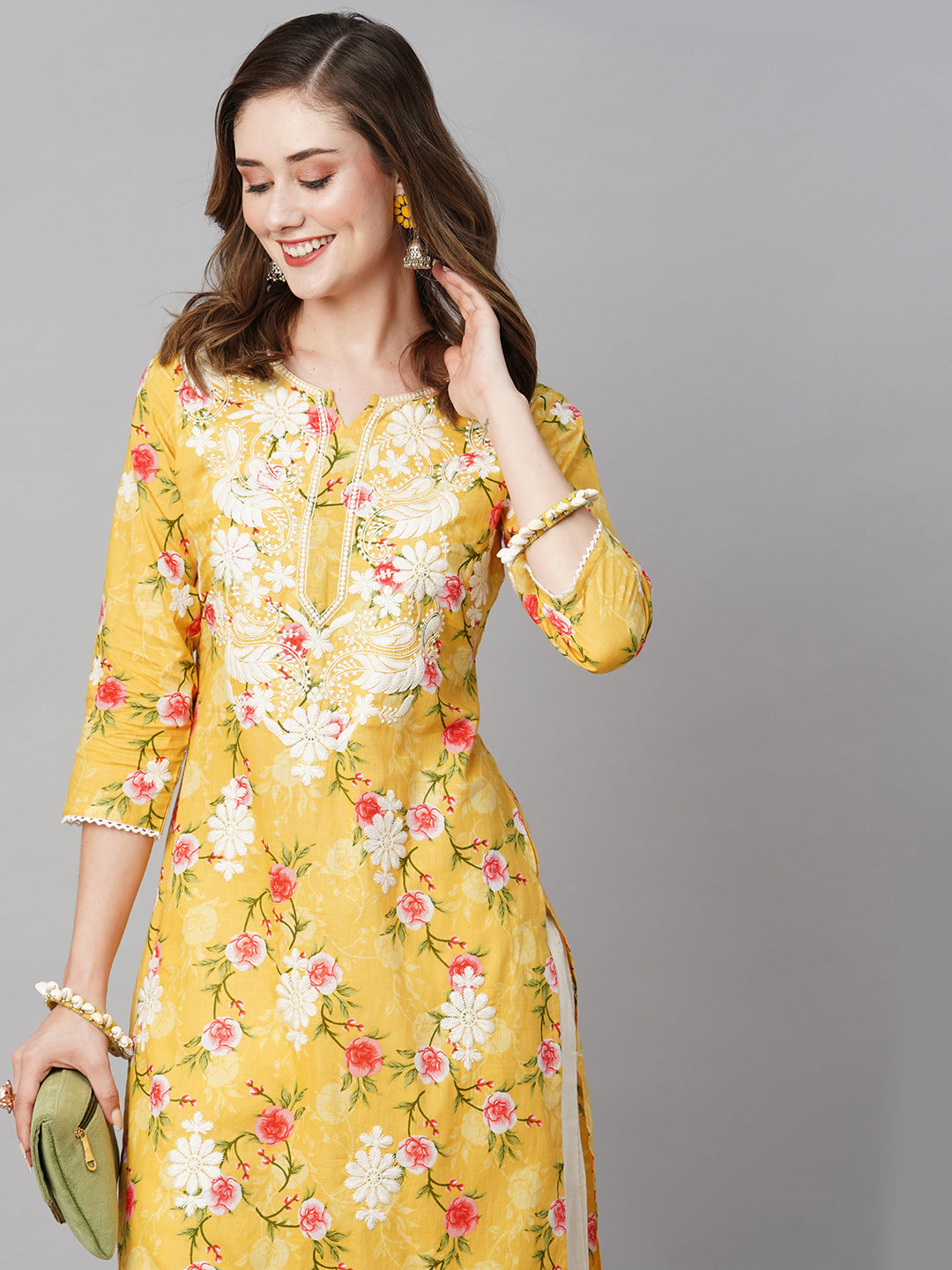 Cotton Printed Straight Lucknowi Chikankari Ethinic Wear Kurta