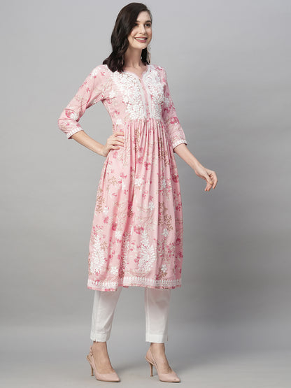 Rayon Printed Anarkali Lucknowi Chikankari Ethnic Wear Kurta