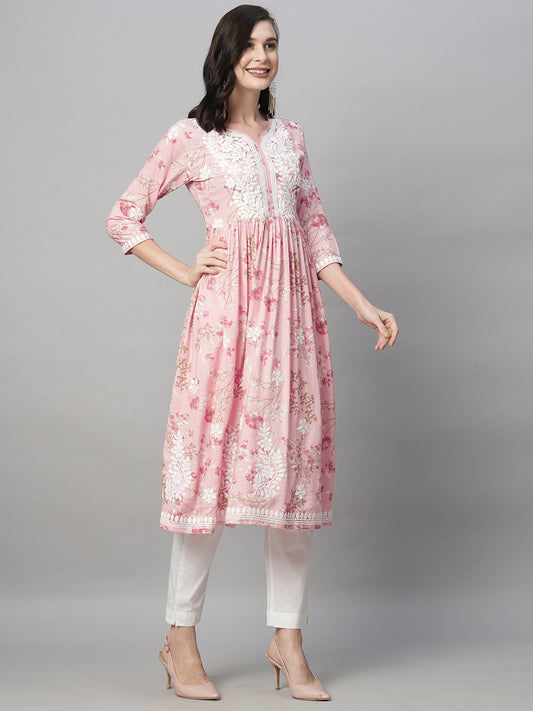 Rayon Printed Anarkali Lucknowi Chikankari Ethnic Wear Kurta