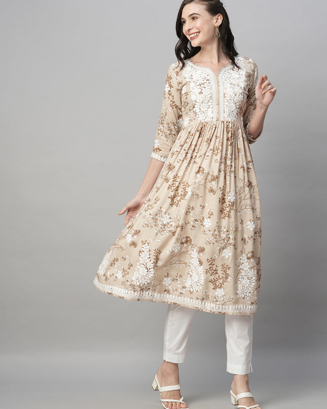 Rayon Printed Anarkali Lucknowi Chikankari Ethnic Wear Kurta