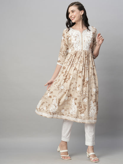 Rayon Printed Anarkali Lucknowi Chikankari Ethnic Wear Kurta