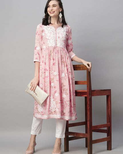 Rayon Printed Anarkali Lucknowi Chikankari Ethnic Wear Kurta