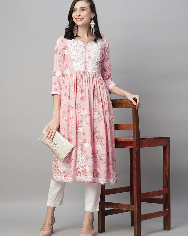 Rayon Printed Anarkali Lucknowi Chikankari Ethnic Wear Kurta