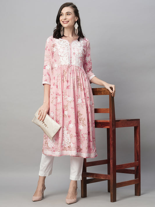 Rayon Printed Anarkali Lucknowi Chikankari Ethnic Wear Kurta