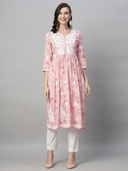 Rayon Printed Anarkali Lucknowi Chikankari Ethnic Wear Kurta