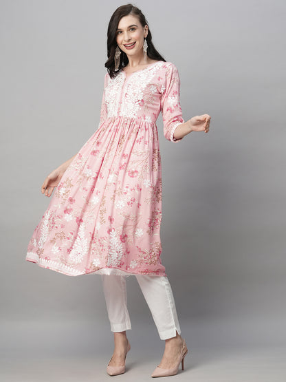 Rayon Printed Anarkali Lucknowi Chikankari Ethnic Wear Kurta