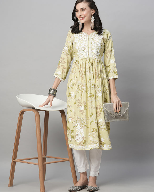 Rayon Printed Anarkali Lucknowi Chikankari Ethnic Wear Kurta