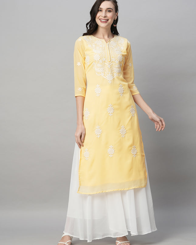 Women's Georgette Straight Lucknowi Chikankari Ethinic Wear Kurta