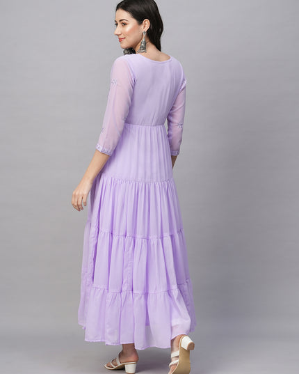 Solid Georgette Tiered Chikankari Flared Kurti Gown Maxi Dress