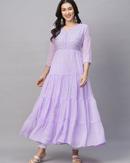 Solid Georgette Tiered Chikankari Flared Kurti Gown Maxi Dress