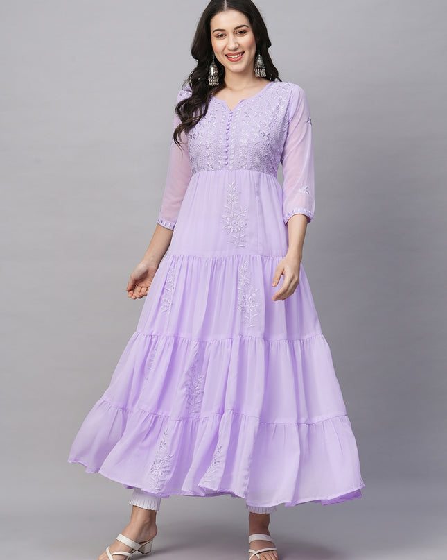 Solid Georgette Tiered Chikankari Flared Kurti Gown Maxi Dress