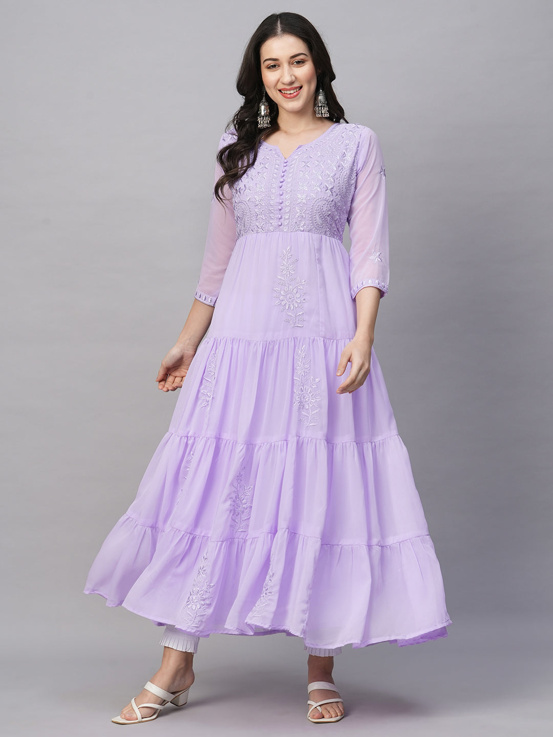 Solid Georgette Tiered Chikankari Flared Kurti Gown Maxi Dress