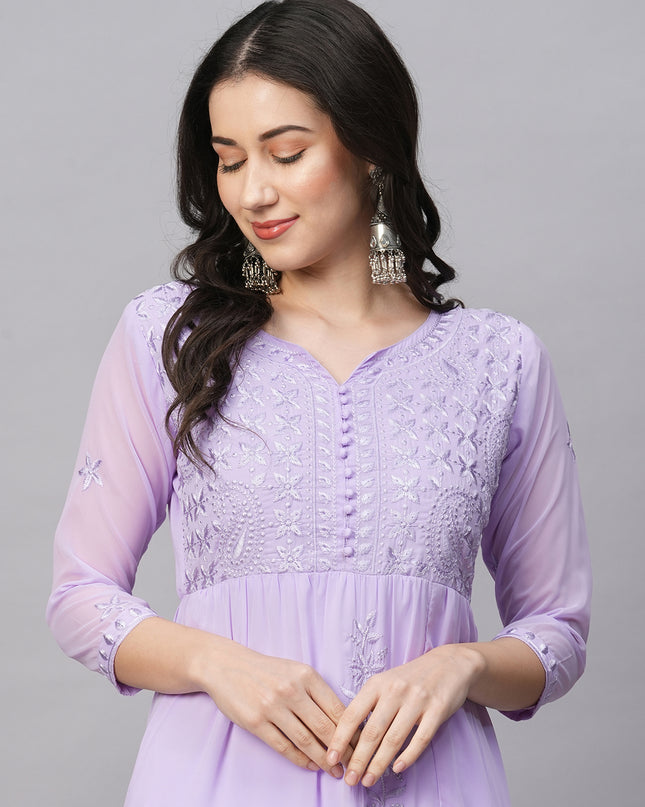 Solid Georgette Tiered Chikankari Flared Kurti Gown Maxi Dress