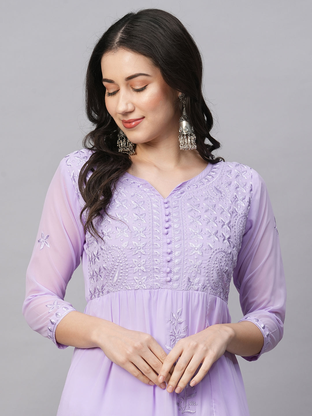 Solid Georgette Tiered Chikankari Flared Kurti Gown Maxi Dress