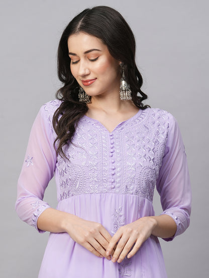 Solid Georgette Tiered Chikankari Flared Kurti Gown Maxi Dress
