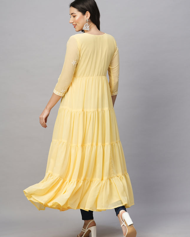 Solid Georgette Tiered Chikankari Flared Kurti Gown Maxi Dress