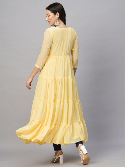 Solid Georgette Tiered Chikankari Flared Kurti Gown Maxi Dress