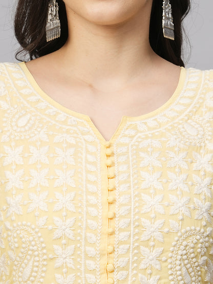 Solid Georgette Tiered Chikankari Flared Kurti Gown Maxi Dress