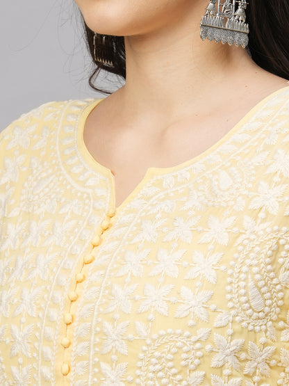 RATAN Women's Solid Georgette Tiered Chikankari Flared Kurti Gown Maxi Dress