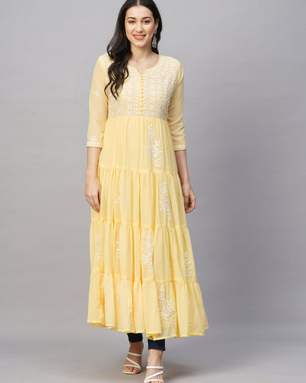Solid Georgette Tiered Chikankari Flared Kurti Gown Maxi Dress