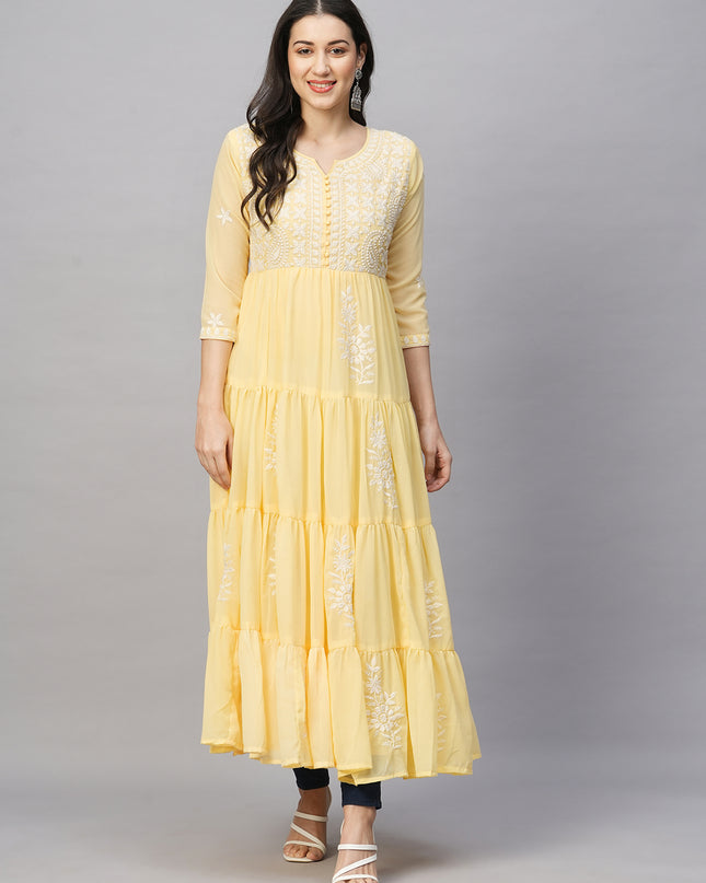 Solid Georgette Tiered Chikankari Flared Kurti Gown Maxi Dress