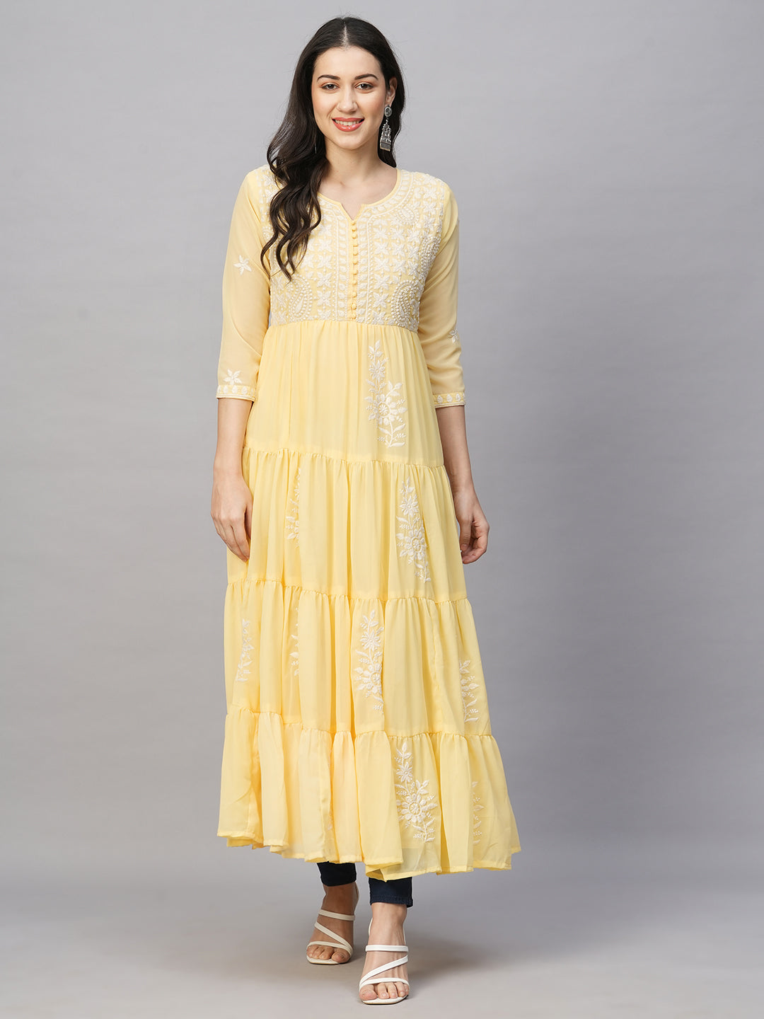 Solid Georgette Tiered Chikankari Flared Kurti Gown Maxi Dress