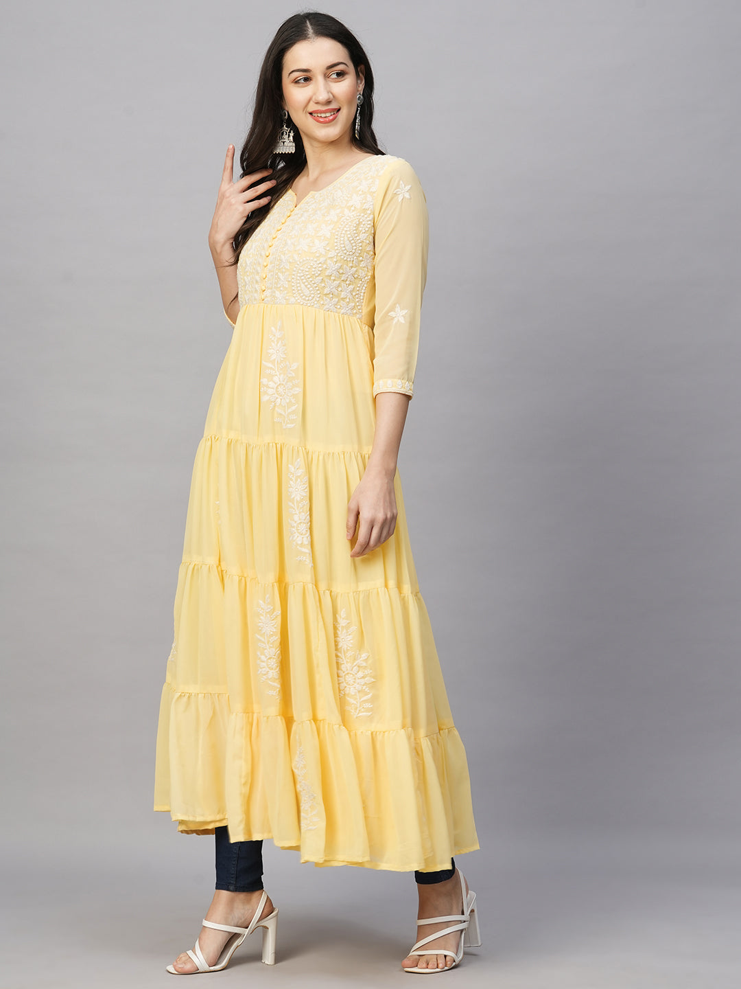 RATAN Women's Solid Georgette Tiered Chikankari Flared Kurti Gown Maxi Dress