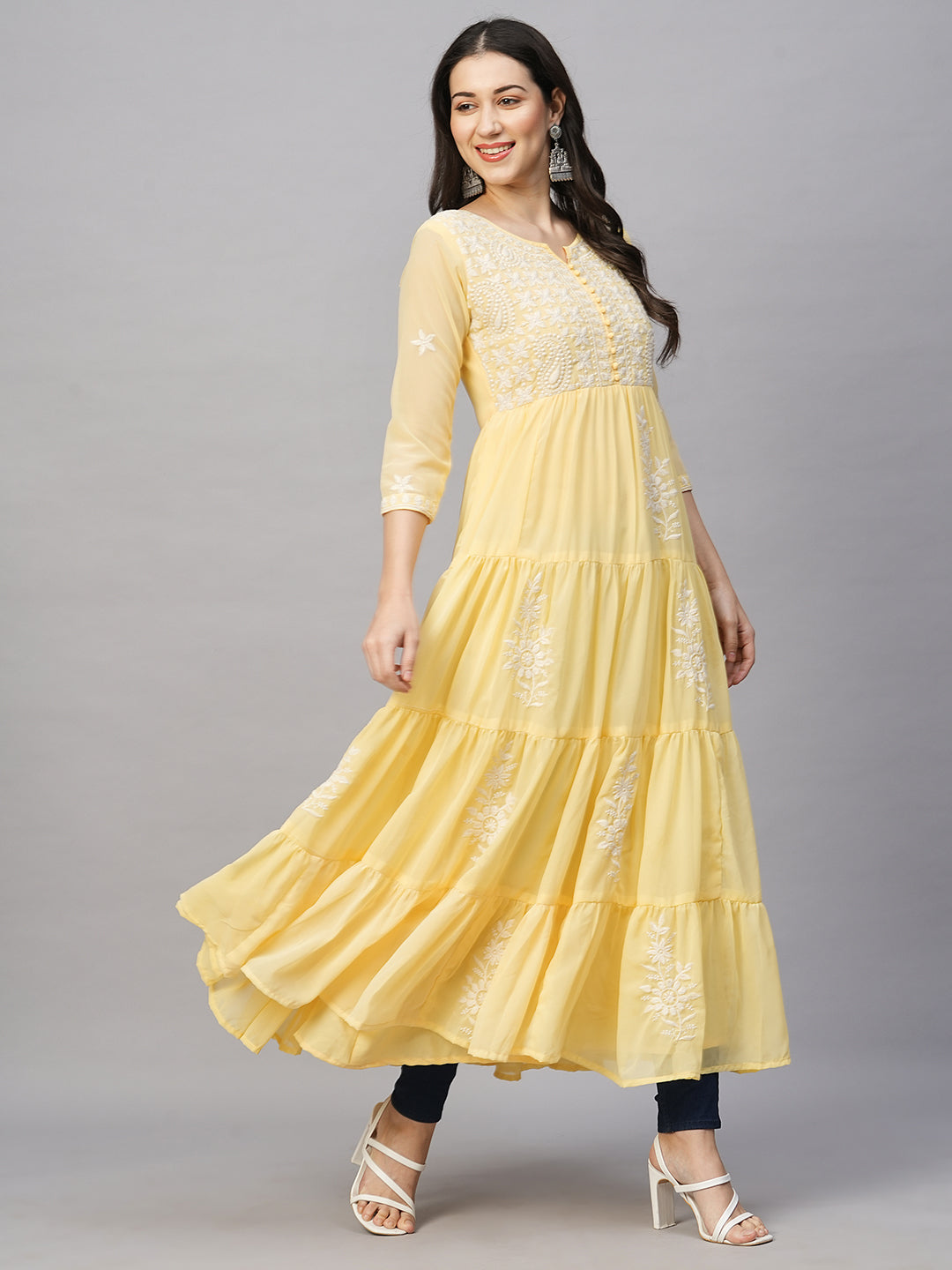 RATAN Women's Solid Georgette Tiered Chikankari Flared Kurti Gown Maxi Dress