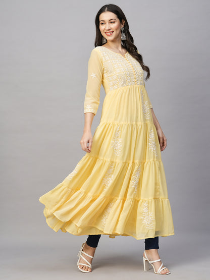 RATAN Women's Solid Georgette Tiered Chikankari Flared Kurti Gown Maxi Dress