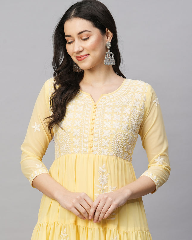 Solid Georgette Tiered Chikankari Flared Kurti Gown Maxi Dress
