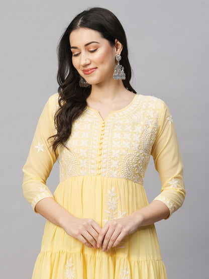 RATAN Women's Solid Georgette Tiered Chikankari Flared Kurti Gown Maxi Dress