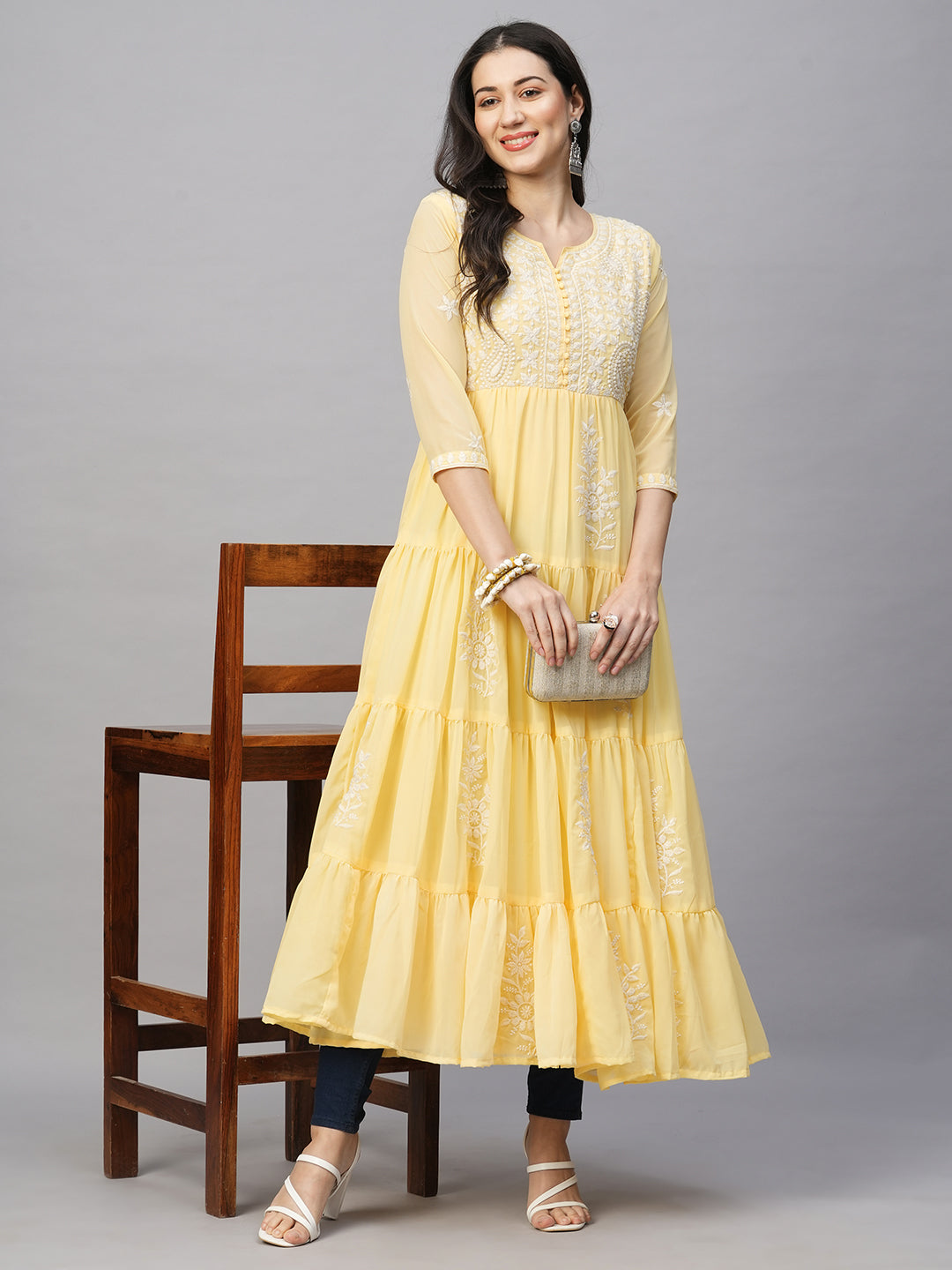 Solid Georgette Tiered Chikankari Flared Kurti Gown Maxi Dress