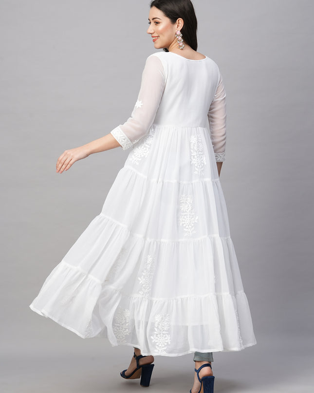 Solid Georgette Tiered Chikankari Flared Kurti Gown Maxi Dress
