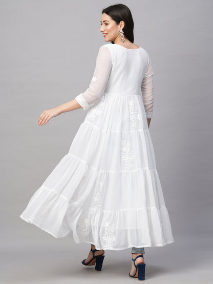 Solid Georgette Tiered Chikankari Flared Kurti Gown Maxi Dress