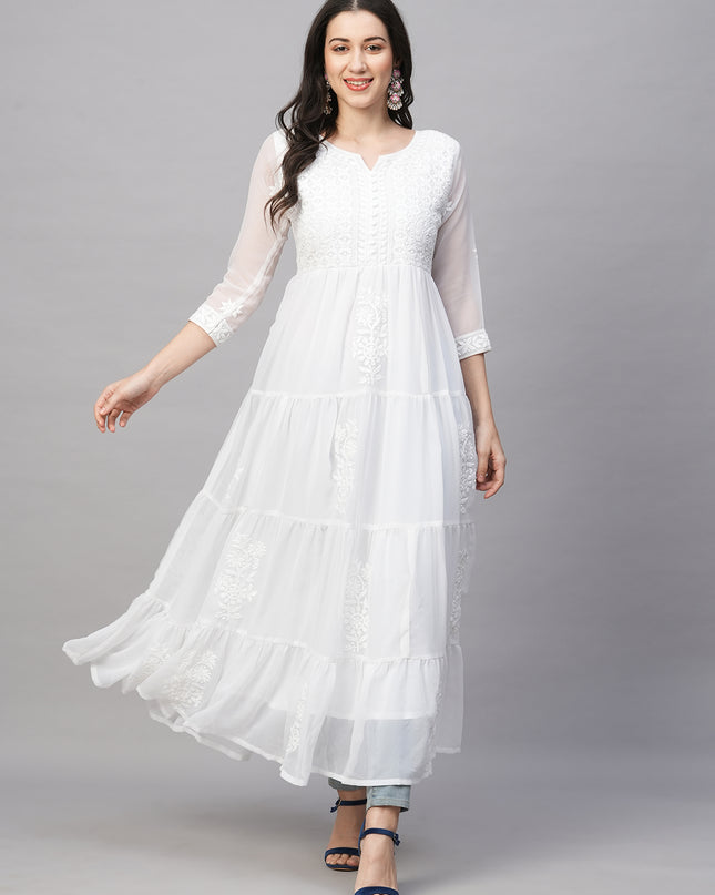 Solid Georgette Tiered Chikankari Flared Kurti Gown Maxi Dress