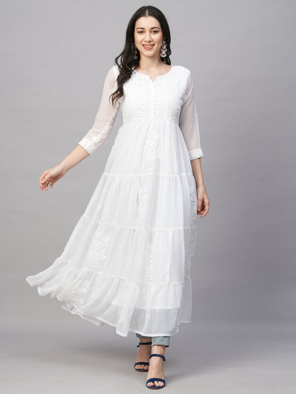 Solid Georgette Tiered Chikankari Flared Kurti Gown Maxi Dress