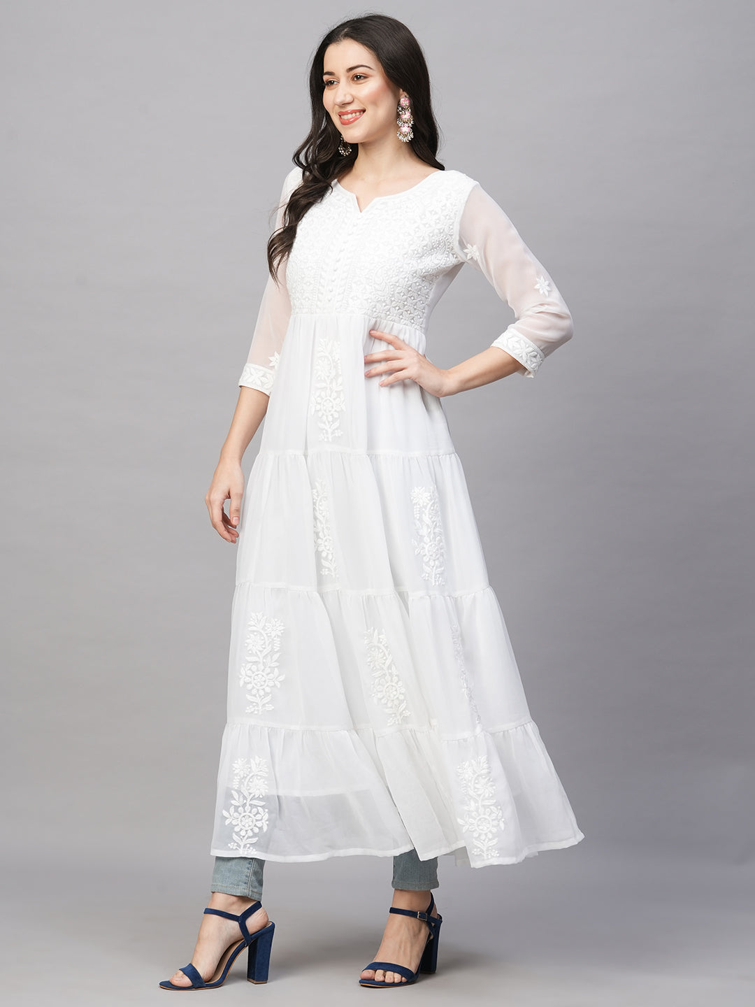 RATAN Women's Solid Georgette Tiered Chikankari Flared Kurti Gown Maxi Dress