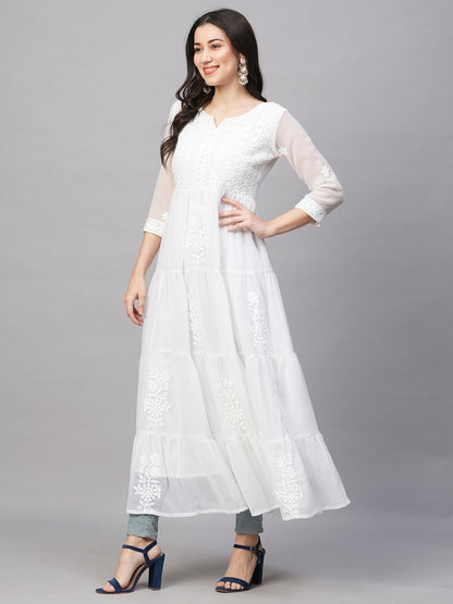 RATAN Women's Solid Georgette Tiered Chikankari Flared Kurti Gown Maxi Dress