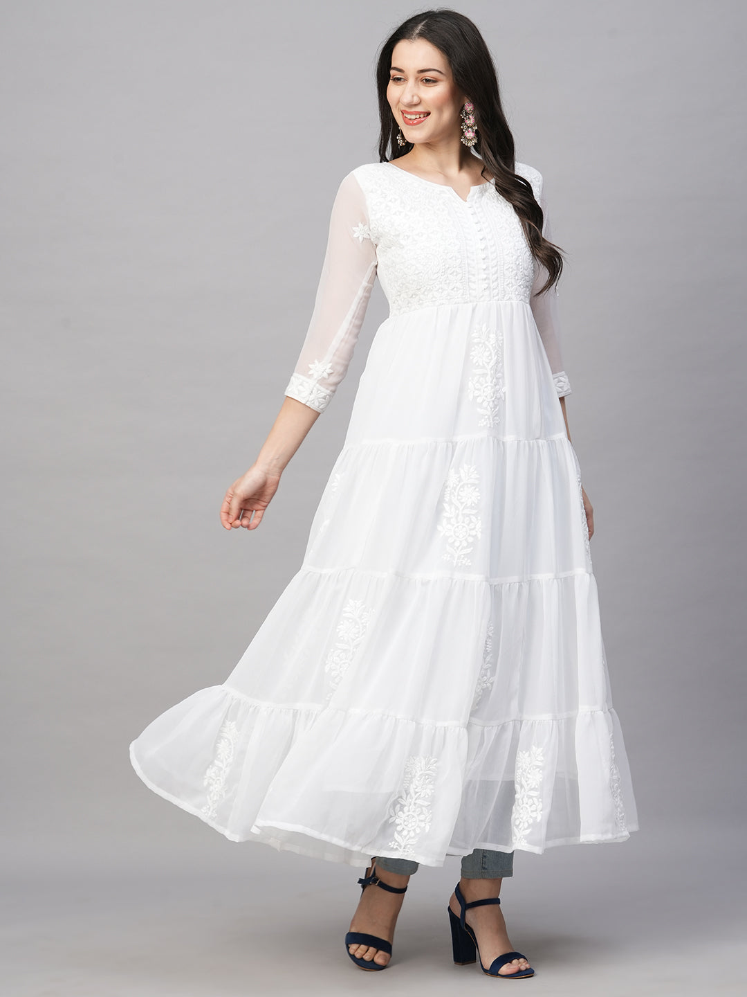 RATAN Women's Solid Georgette Tiered Chikankari Flared Kurti Gown Maxi Dress