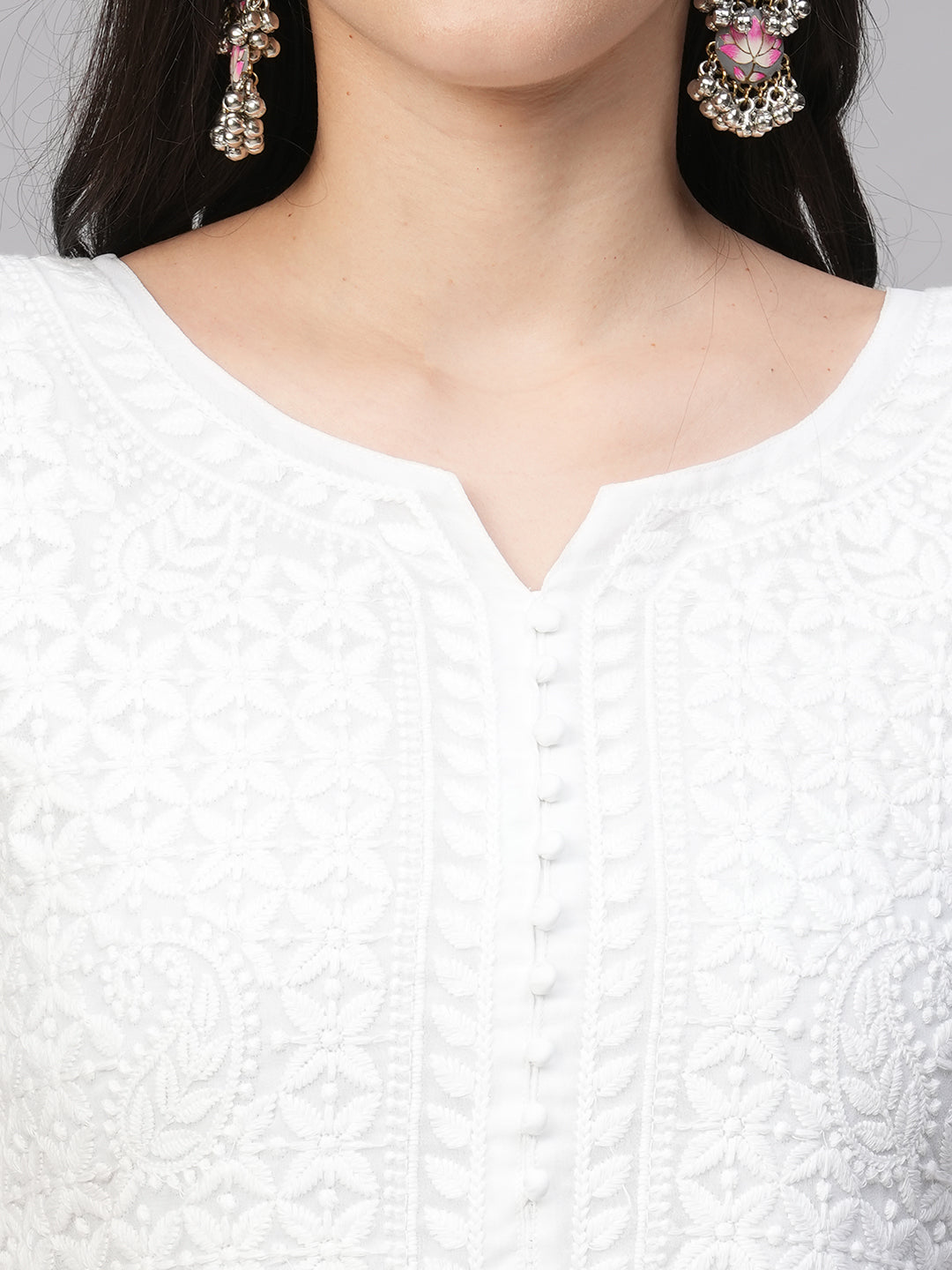 Solid Georgette Tiered Chikankari Flared Kurti Gown Maxi Dress